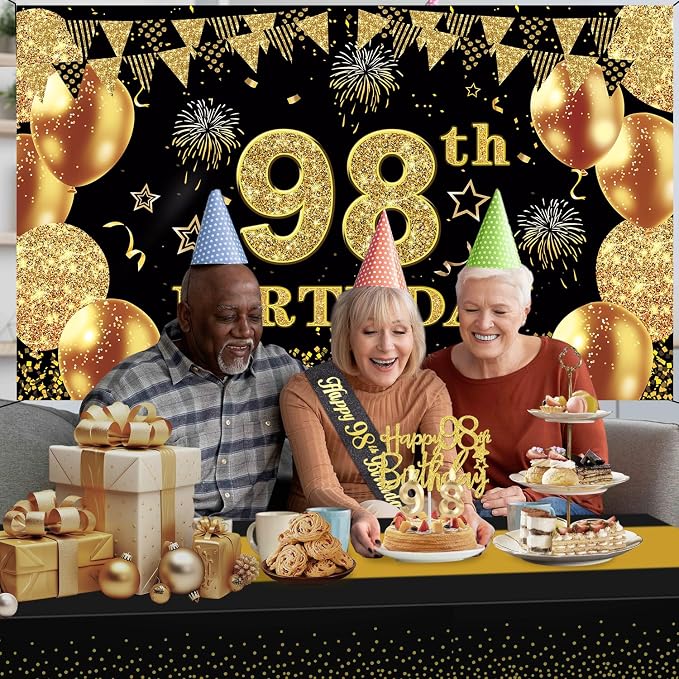 98th Birthday Decorations Men Women with 98th Birthday Banner, Black and Gold Table Cloth, Number Balloons, Large Sash, Cake Topper and Candles