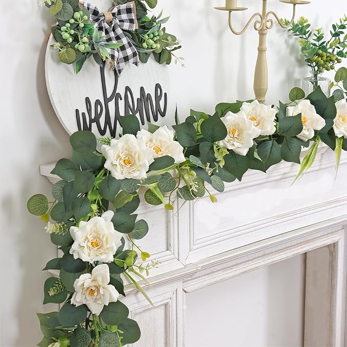 4PCS Flower Garland 6.2FT Artificial Rose Flowers Garland Wall Vines Greenery White Roses Eucalyptus Garlands for Wedding Table Runner Arches Backdrop Party Centerpiece Decor (White Rose, 4PCS)