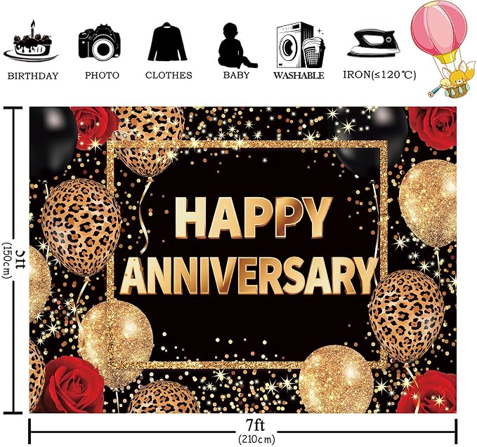 Leopard Print Happy Anniversary Backdrop 7Wx5H Feet Polyester Fabric Black Gold Red Cheetah Print Decoration Balloon Rose Cool Party Celebration Photography Background Photo Shoot Props