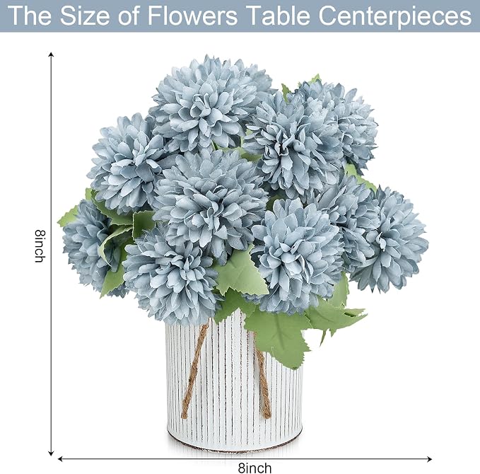 Pre-Made Flower Table Centerpieces, Set of 6 Artificial Silk Chrysanthemum with Farmhouse Metal Vases for Wedding, Birthday Parties, Home, Dining Table Decorations - Dusty Blue