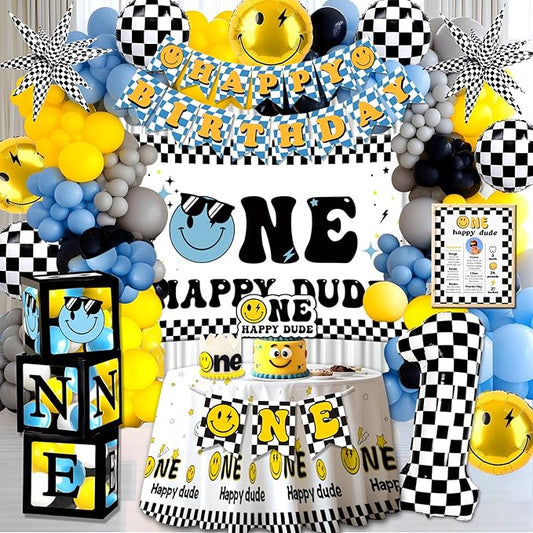 One Happy Dude Birthday Decorations, One Happy Dude 1st Birthday Decorations Blue, Backdrop Balloons Happy Birthday Banner Cake Topper Balloon Box for One Cool Dude 1st Birthday Decorations