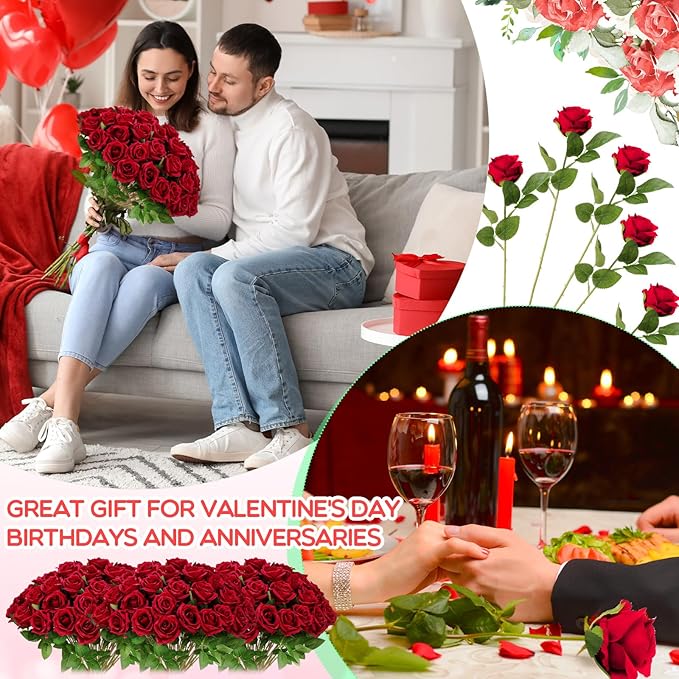 Hotop 120 Pcs Roses Artificial Flowers in Bulk,Long Stem Artificial Flower Bouquet,Silk Real Lifelike Fake Rose for Wedding Party Table Centerpieces Decor Valentines Gifts(Wine Red)