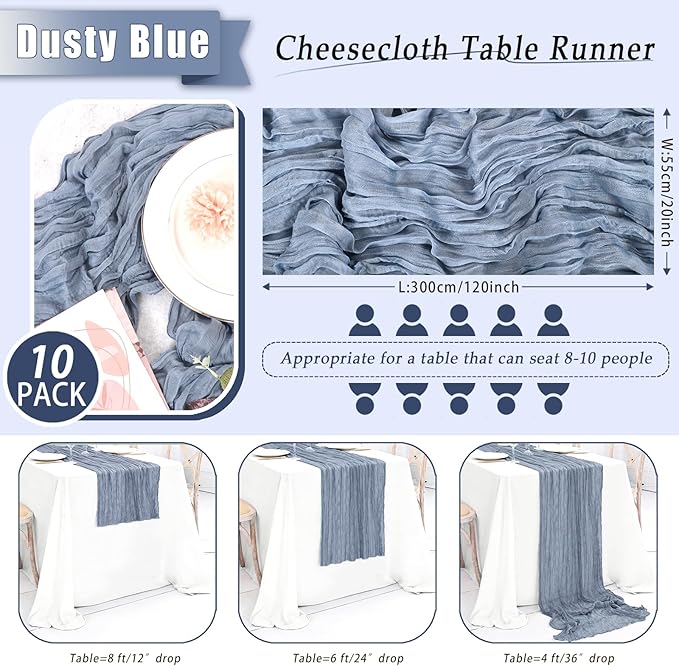 10 Pack Dusty Blue Cheesecloth Table Runner 17x108 Inch Semi Sheer Boho Rustic Gauze Cheese Cloth Table Runners for Wedding Party Birthday Baby Shower Home Décor