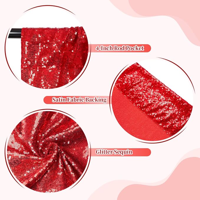 SquarePie 6x8ft Red Sequin Backdrop for Photography, Satin-Backed Real Sequin Curtain, Enhanced Coverage Shimmering Background with 4" Rod Pocket for Wedding, Birthday, Party Decor, 1 Panel