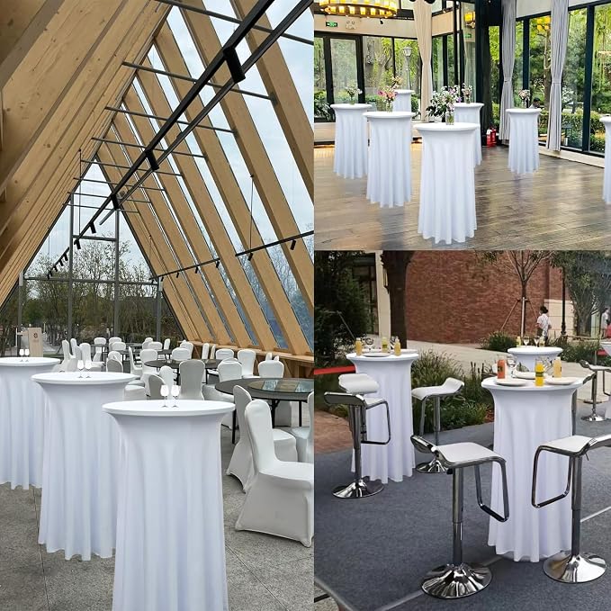 8-Pack 24"x43" White Round Cocktail Table Skirts | Stretch Spandex Fitted Tablecloths | Wrinkle-Resistant, Stain-Resistant, and Machine Washable for Bars, Weddings, Parties, and Banquets