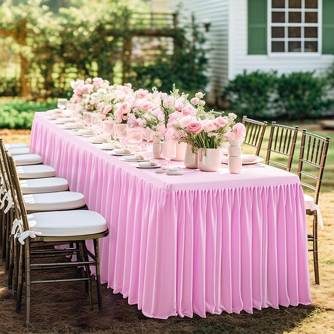PARTISKY 1 Pack Pink Tablecloths for Rectangle Tables 8ft, Wrinkle Resistant Pink Tablecover Fitted Stretch Table Cloth with Pleated Ruffle Table Skirts for Party Banquet Dining Birthday Wedding