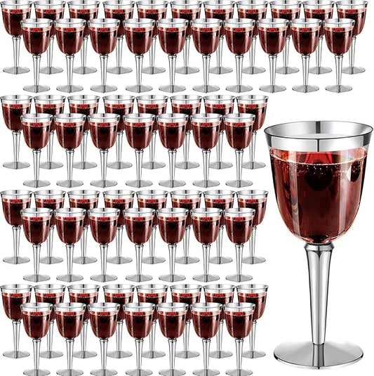 100 Pack Rimmed Disposable Plastic Wine Glasses Bulk 8 Oz Elegant Fancy Wine Cups Stemmed Wine Glasses Clear Cocktail Cups with Long Stem for Party Wedding Anniversary Birthday (Silver)