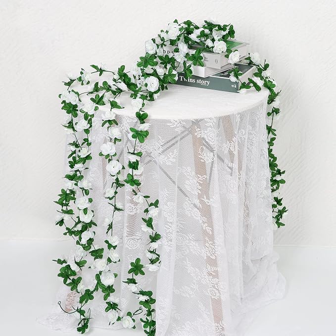 KHOYIME 18 Pack 144 FT Artificial Flower Garland, Fake White Roses Vines Silk Flowers Faux Plastic Outdoor Hanging Floral Ivy Garland Decoration for Wedding Arch Bedroom Home Wall Backdrop Room Decor