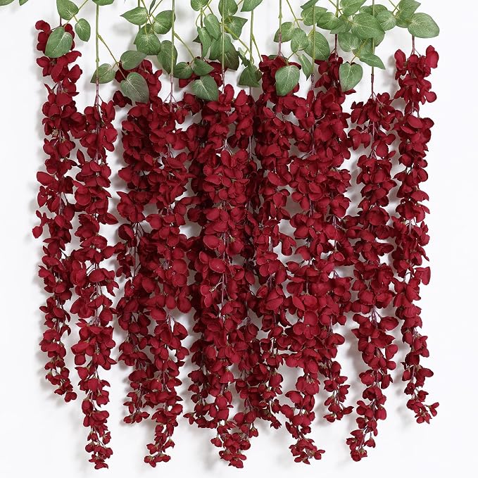 mizii 6Pcs Burgundy Wisteria Hanging Flowers 48" Silk Wisteria Artificial Flowers Garland Vines Fake Hanging Flower Decoration for Wedding Wall Backdrop Centerpieces Party Room Decor (Burgundy Red)