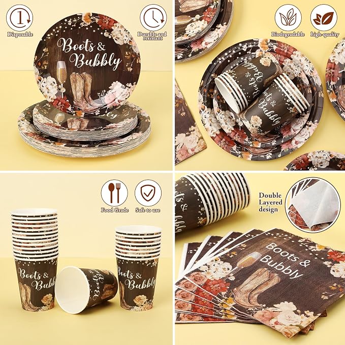 168 Pcs Boots and Bubbly Bridal Shower Decorations Rustic Brown Plates Western Country Bridal Shower Decorations Golden Champagne Party Favors Boots and Bubbly Tableware Set Serve 24