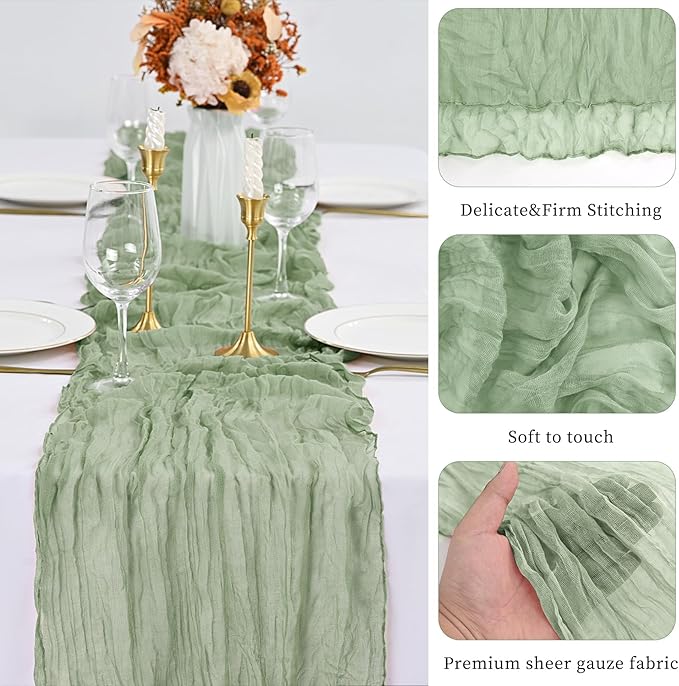 10 Pack Sage Green Table Runner 10Ft Cheesecloth Table Runner Boho Gauze Cheese Cloth Table Runners Romantic Long Sheer Fabric Table Runners for Wedding Party Bridal Shower