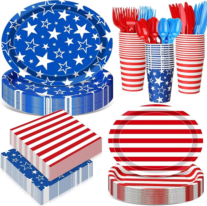 Pajean 350 Pcs 4th of July Party Decorations 12 inch Disposable Patriotic Oval Plates and Napkins Heavy Duty Star Stripe Paper Tableware Set for 50 Guests 250th Independence Party Supplies