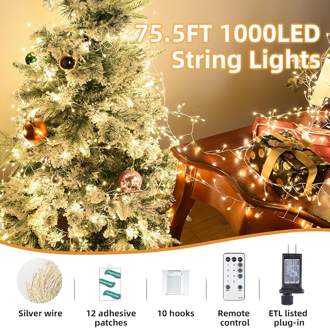 Dailyart Fairy Lights Plug in, 1000 Led Small Warm Wreath Lights with Remote 75Ft Long Waterproof Twinkle String Lights with Timer for Bedroom Outdoor Indoor Wedding Garland Decorative Silver Wire
