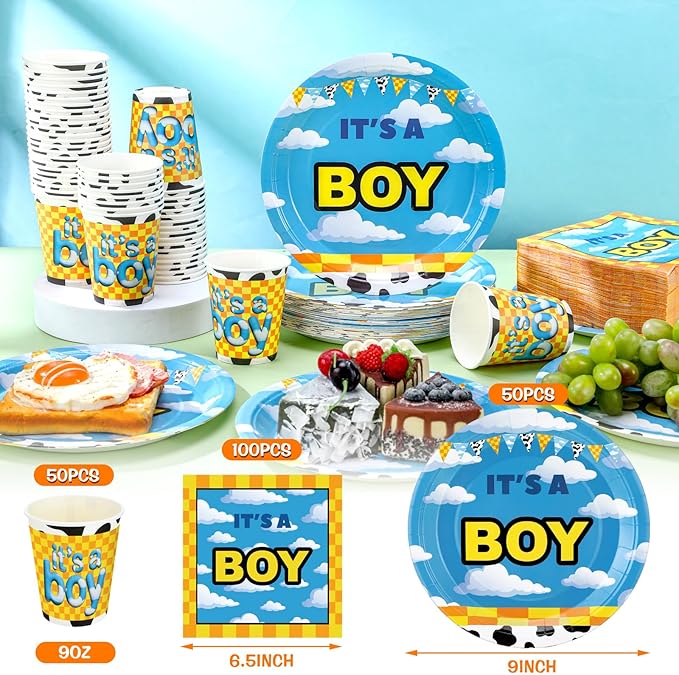 Hushee 200 Pcs Cartoon Story Baby Shower Paper Plates Napkins Cups Baby Shower Party Supplies Tableware Set Disposable Cup Napkin for 50 Guest Party Decoration