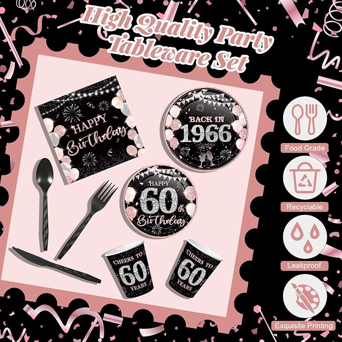 240 Pcs 60th Birthday Decorations 1966 Birthday Party Tableware Include Plates Napkins 9oz Cups Cutlery 60th Anniversary Party Supplies for Men Women Him Her, Serve 30 Guests (Black Pink)
