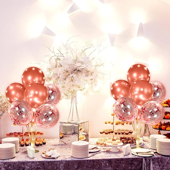 Junkin 6 Set Balloons Centerpieces for Table with LED String Light 60 Pcs Balloons Light up Table Balloon Stand Centerpieces for Graduation Birthday Baby Shower Wedding Bridal Shower(Rose Gold)