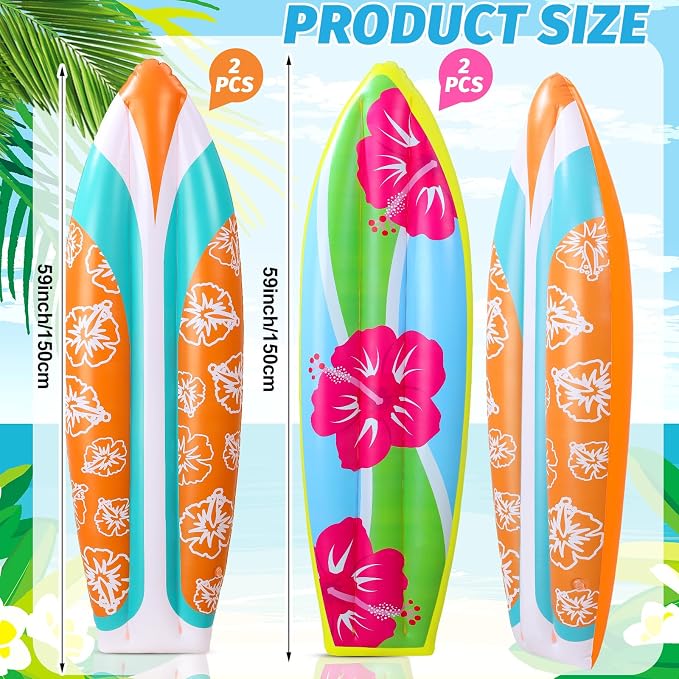 JellyArch 4 Pcs Jumbo Inflatable Surf Board 59 Inch Large Inflatable Pool Floats Luau Hawaiian Party Decorations Tropical Flower Blow up Surfboard for Wall Beach Party Decorations