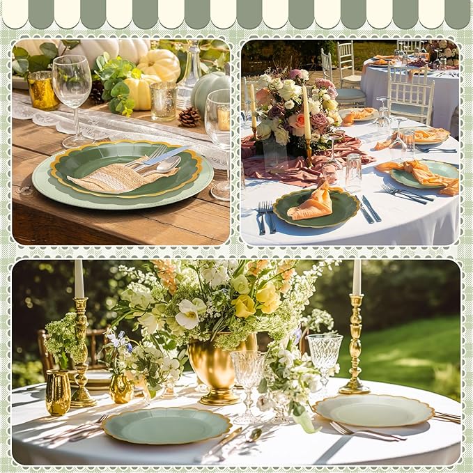 48 Pcs Sage Green Paper Plates 9 Inch Gradient Scalloped Paper Disposable Dinner Dessert Plates for Birthday Wedding Bridal Party Supplies, 6 Colors