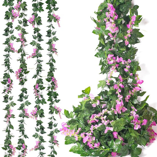 Mavee 28.8ft Artificial Wisteria Vine Garland (4x7.2ft), Silk Hanging Flowers Decor for Wedding Arch, Home Floral Arrangements - Pink