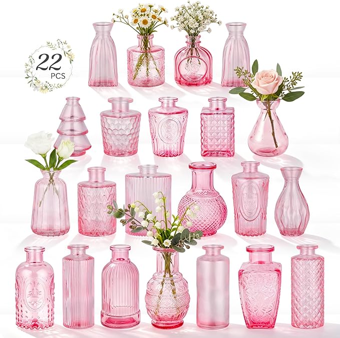 RUCKAE 22 Pack Pink Glass Bud Vases,Vintage Small Flower Vases for Centerpieces,Assorted Mini Glass Vases for Flowers,Table Decor,Wedding,Home,Living Room,Bedroom,Office,Party,Gifts(Pink 22 Pack)