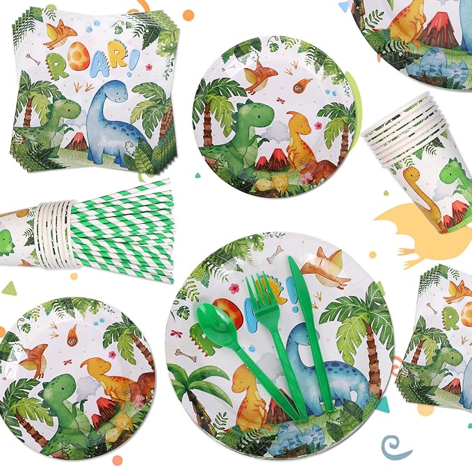 194 Pcs Dinosaur Birthday Party Supplies Dinosaur Paper Plates Napkins Cups Forks Tablecloth Banner Baby Shower Decorations Tableware Theme Serve 24
