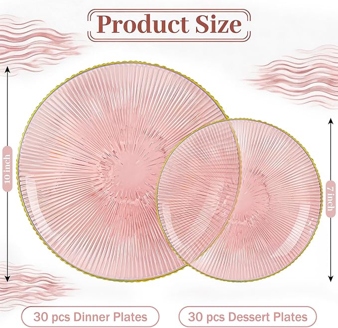 DaYammi 60Pcs Pink Plastic Plates with Gold Rimmed - Pink Disposable Plates Set Including 30pcs Dinner Plates,30pcs Dessert Plates with Radial Texture for Party & Wedding Bridal Shower