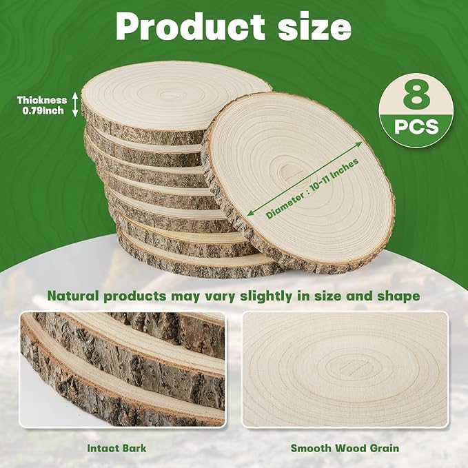 8 Pack Large Wood Slices 10-11 Inch Natural Wood Rounds Wood Centerpieces for Tables Round Wooden Discs for Wedding, Baby Shower, DIY Crafts, Wood Chargers, Home Decor