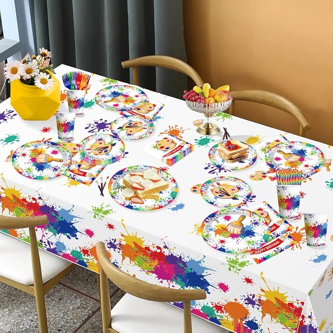 212pcs Paint Party Decorations for Kids and Art Lovers, Convenient Disposable Paper Tableware Set Includes 350gsm Plates and 2 PE Plastic Tablecloths for Paint Party and Celebration