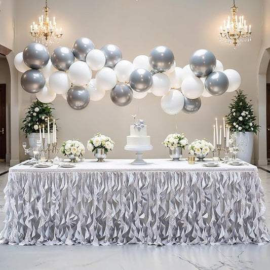 Wish Care 14ft Silver Sequin Tutu Table Skirt for Rectangle Tables Curly Willow Tutu Skirting Ruffle Table Cloth Glitter Desk Skirts for Wedding Birthday Space Theme Party Banquet Table Decorations