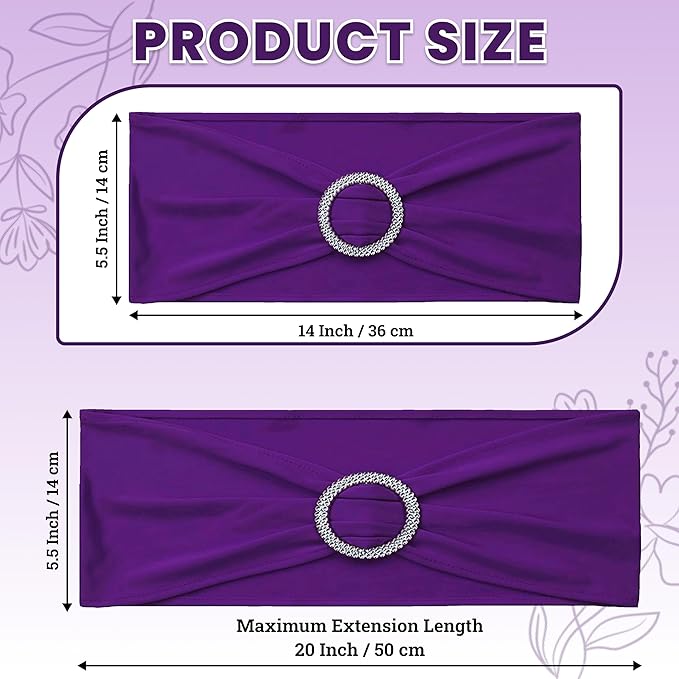 VDS - Purple | Spandex Chair Sashes Bows | 10 PCS | Stretch Elastic Banquet Universal Folding Chair Band Tie with Silver Buckle Slider for Wedding Party Conference Celebration Event Decoration