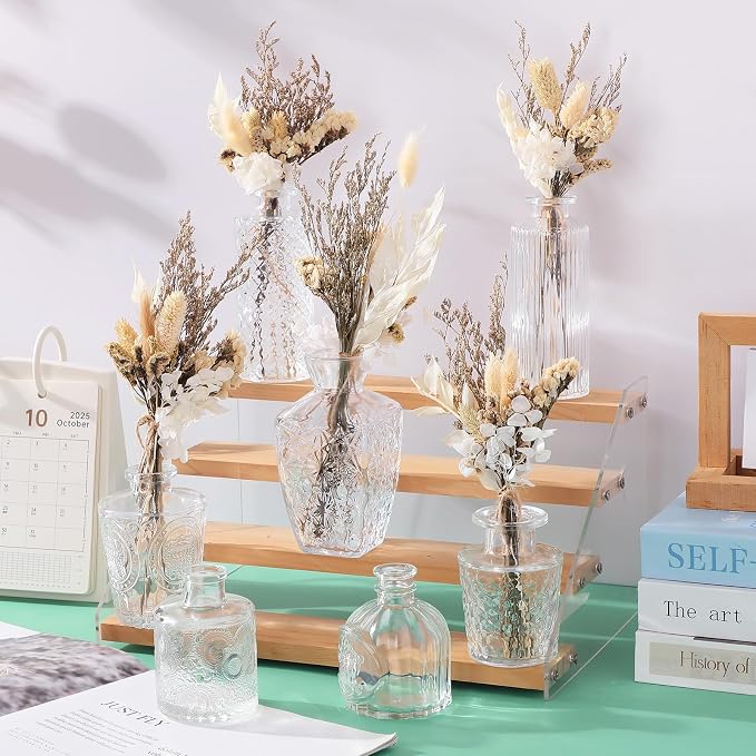 Yerliker 48pcs Glass Bud Vase Set with Dried Flower Bouquet Wedding Centerpieces for Tables, Mini Clear Bud Vases Boho Dried Flower for Centerpieces Rustic Wedding Birthday Party Anniversary Decor
