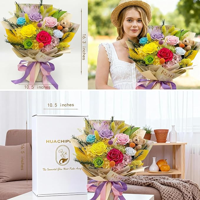 Preserved Bouquet with Bear: Big Flowers Big Love-Romantic Graduation Gifts for Her-Daughter Girlfriend Wife Mom-Flowers for Delivery Prime on Birthday Valentines Anniversary (Dopamine 1)