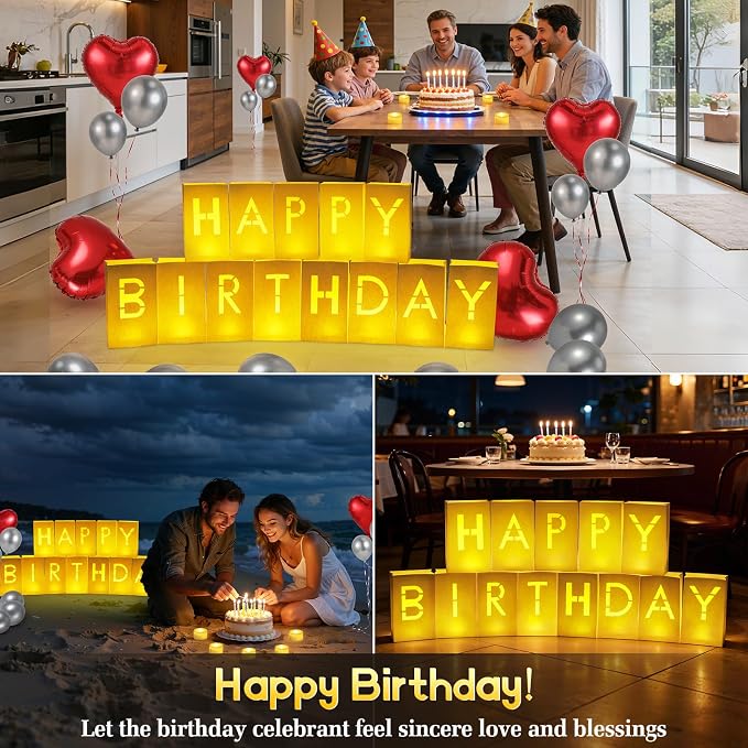 Lewondr Happy Birthday Decorations - Light up Letters with 6H Tea Lights Candles, Latex Balloons, Heart Aluminum Balloons and 2000 Rose Petals, Special Festival, Surprise Gifts Banner for Women & Men