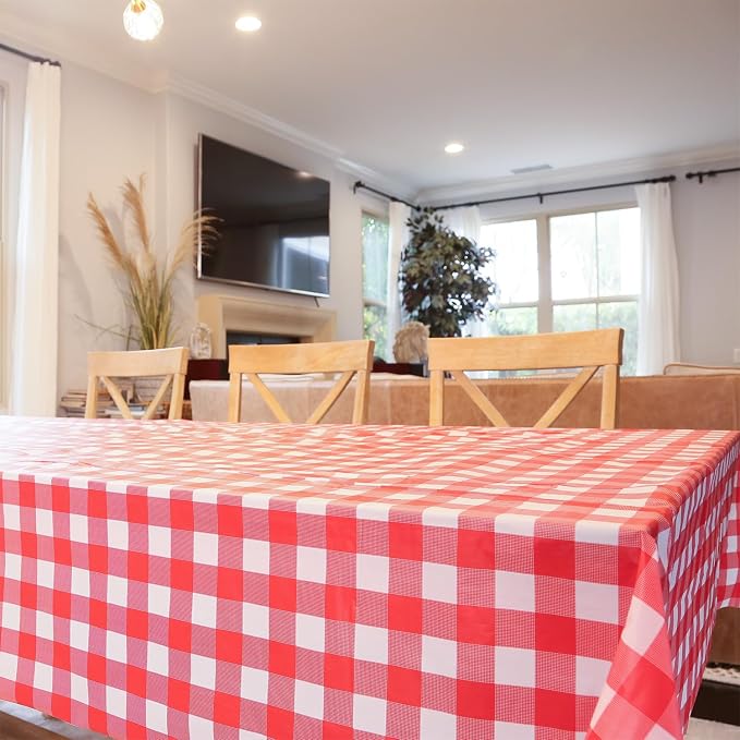 Plastic Tablecloth Roll – 54" x 100' Plastic Tablecloths for Parties Disposable with Cutter Box - Cut to Size Disposable Tablecloth for Rectangle & Round (Gingham-Red)