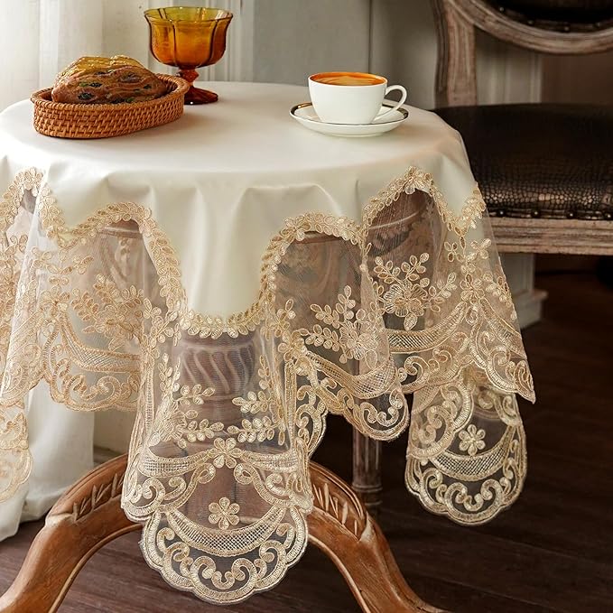 ARTABLE Lace Tablecloth Rectangle Waterproof Table Cover with Exquisite Macrame Border for Wedding Kitchen Holidays Party Decor (Beige, 41 x 41 Inch)