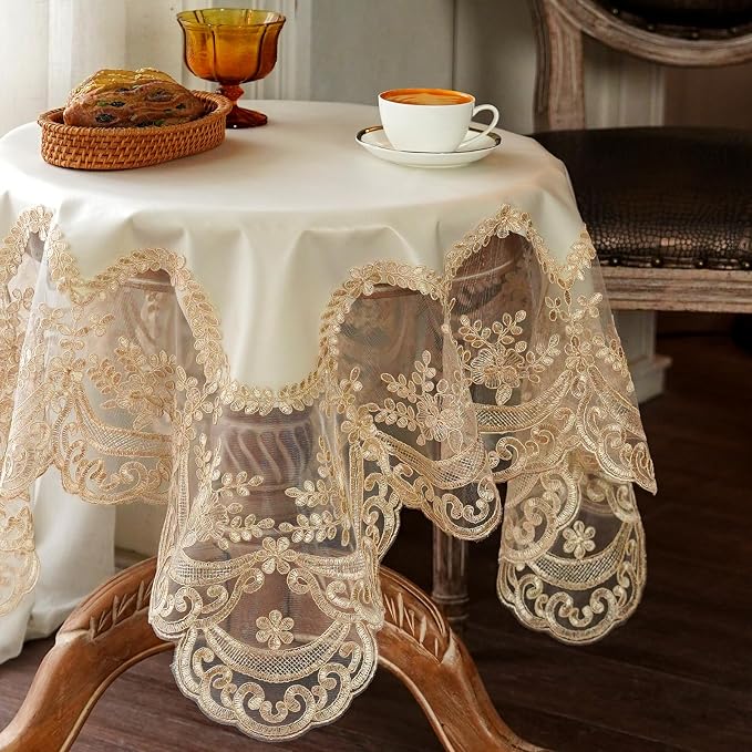 ARTABLE Lace Tablecloth Rectangle Waterproof Table Cover with Exquisite Macrame Border for Wedding Kitchen Holidays Party Decor (Beige, 36 x 36 Inch)