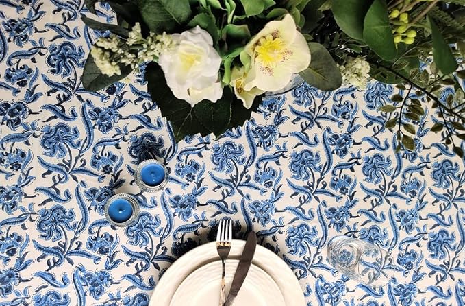 ATOSII Midnight Bloom 100% Cotton Fall Tablecloth, Handblock Print Blue Square Table Cloth for Kitchen Dining Table Linen I Parties Wedding Christmas Thanksgiving Outdoor Fall Decor 60 X 60 Inches