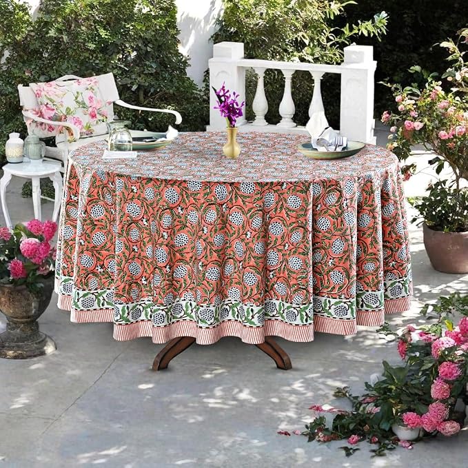 Ridhi Round Tablecloth Hand Block Print 100% Cotton Reusable Dark Salmon 132 Inch Table Cover Decorative Everyday Use for Dining, Home, Party, Wedding, Farmhouse, Party Gift for Spring, Mother's Day