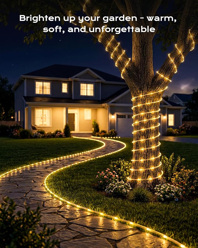 Brightown Solar Rope Lights, 2 Pack Total 78FT 200LED Warm White Solar String Lights Outdoor, IP65 Waterproof Solar Powered Fairy Lights with 8 Lighting Modes for Yard Garden Patio Tree Decoration
