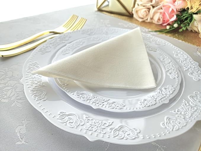 OCCASIONS 50 Pack (25 Guests) Heavy Duty Fancy Disposable Plastic Plates Set, 25x10.25'' Dinner + 25x7.5'' Salad/Dessert, China-Like Look for Wedding Party, Birthday, BPA Free (Portofino Plain White)