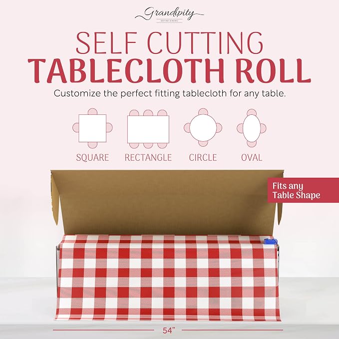 Grandipity Plastic Tablecloth Roll - 54in x 100 Ft. Red Gingham Checkered Plastic Table Cloths for Parties | Disposable with Cutter Box - Cut to Size Disposable Tablecloth for Rectangle & Round