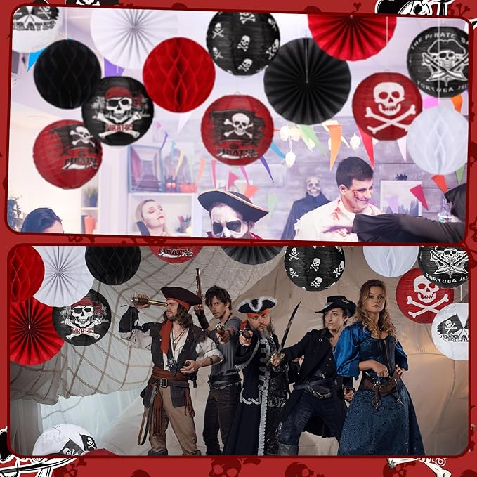 Baquler 18 Pcs Pirate Theme Party Decoration Pirate Skull Hanging Paper Lantern Fans Black Red Honeycomb Ball for Nautical Birthday Party Ornament Ceiling Decor Supplies