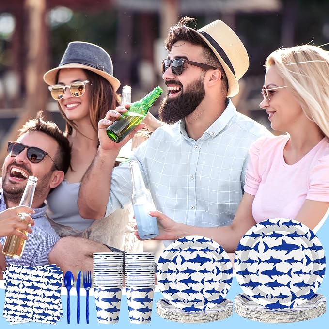 Vesici 350 Pcs Shark Birthday Plates and Napkins Tableware Set with Ocean Shark Napkins Plates Cups Straws and Forks Disposable Tableware Sets for Summer Under The Sea Birthday Party Supplies