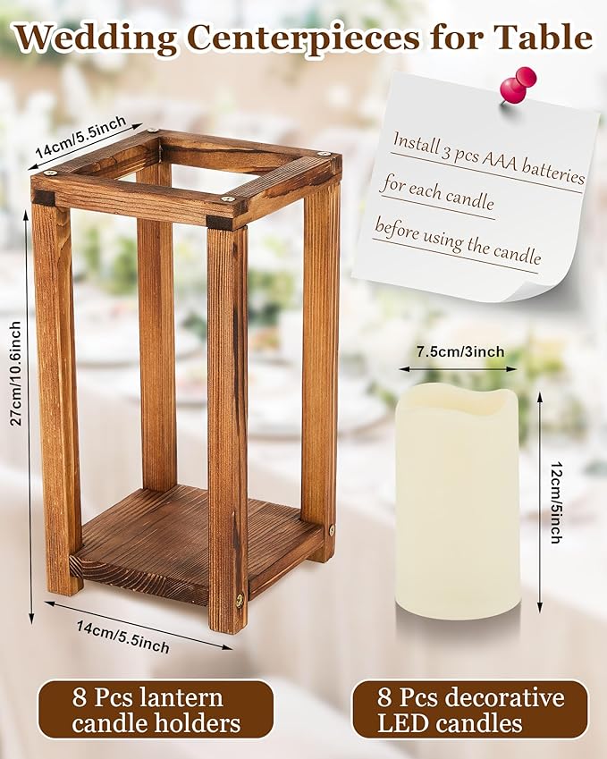 Huquary 16 Pcs Wooden Wedding Lantern Centerpiece Includes 8 Rustic Wooden Lantern Centerpiece and 8 Flameless Candle Holder for Farmhouse Rustic Table Decorations Party Gift(Brown)