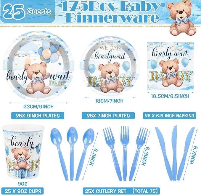 Sliner 175 Pcs We Can Bearly Wait Blue Bear Plates Napkin Cups Knives Party Supplies Disposable Cups Paper Tableware Set Baby Shower Decorations for Boy Gender Reveal Tableware Set Serves 25 Guests