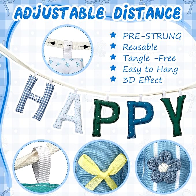3 Pcs Pre-strung 3D Fabric Happy Birthday Banner Set - Reusable Teal Blue Happy Birthday Garland Pom Pom Banner Triangle Felt Bunting for Women Men Colorful Party Decor Photo Prop(Cute)
