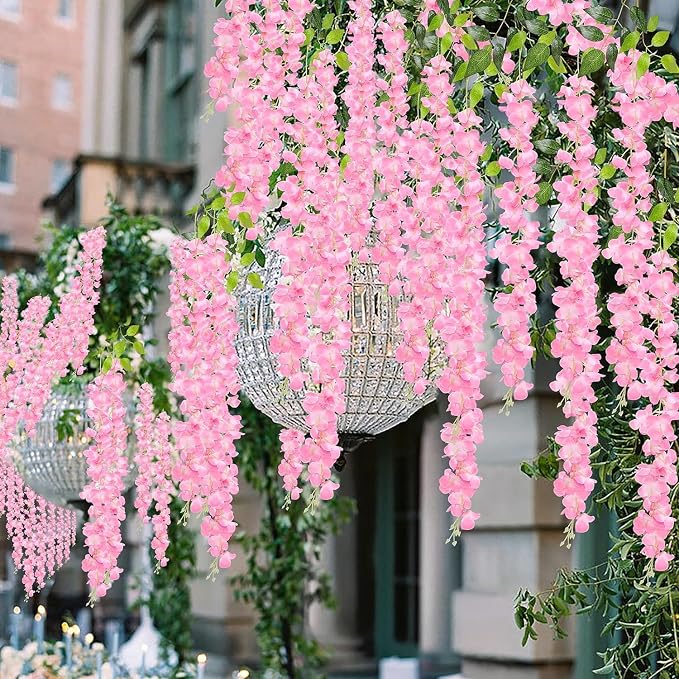 Pauwer 24 Pack 3.6 Feet/Piece Artificial Fake Wisteria Vine Ratta Hanging Garland Silk Flowers Home Party Wedding Decor (Pink, 24PCS)