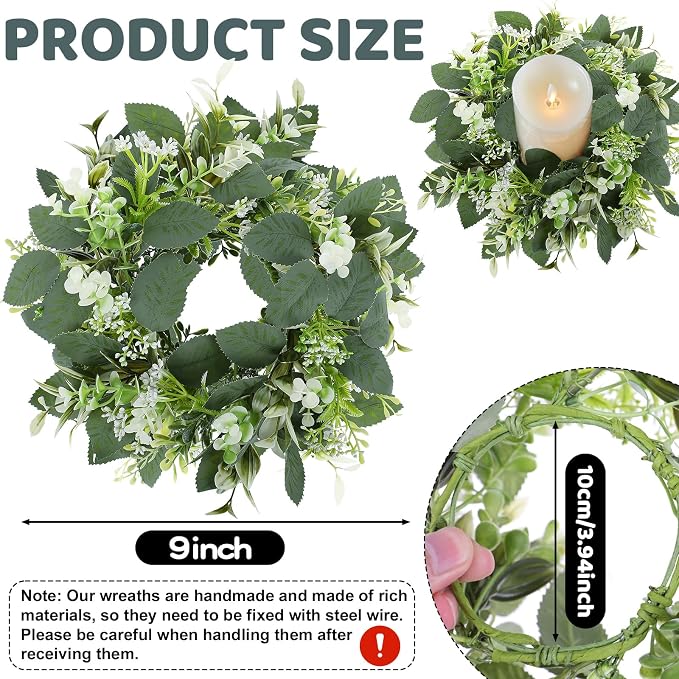 8 Pack Eucalyptus Candle Rings, Artificial Greenery Candle Wreath, Floral Candle Rings for Pillar Candles, Table Centerpieces for Party Event, 9.84 Inch Small Greenery Rings for Wedding, Home