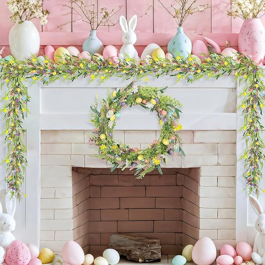 6.5 ft Easter Garland-Spring Garland Egg and Mixed Berry Garland Hanging Rustic Spring Pastel Wreaths DIY Artificial Decorations Garland for Home Indoor Outdoor Easter Mantel Decorations