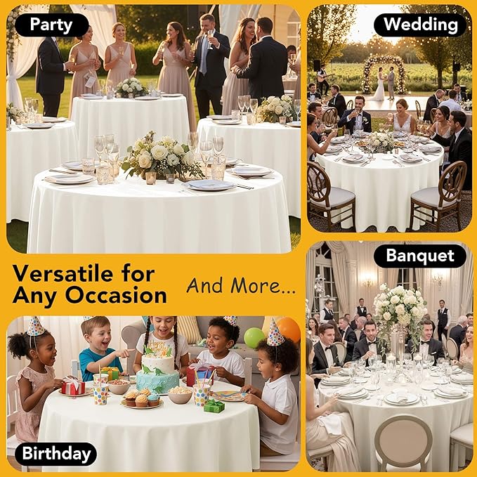 6-Pack Ivory Round Tablecloths, 132 Inches, Stain-Resistant Polyester for 6-8 Ft Round Tables - Washable Table Covers for Weddings, Banquets, Birthday Parties, Events
